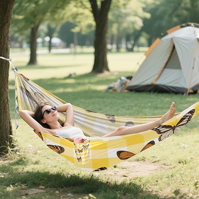 Yellow White Check Plaid Butterfly 330lb Capacity Camping Hammocks with Hanging Rope Indoor Hammock for Indoor Outdoor Patio Base de hamaca para adultos