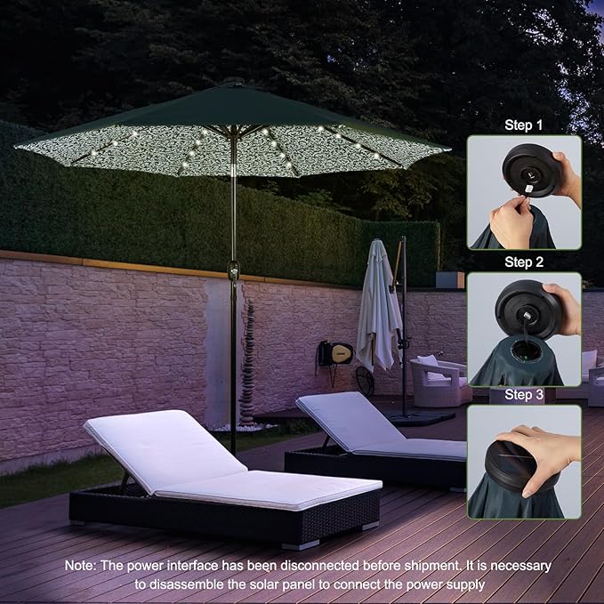 Backyard Expressions 9FT Solar Patio Umbrella with 32 LED Lights, UPF50+ UV Protection, Fade-Resistant Fabric, Easy Tilt & Crank, Outdoor Umbrella for Patio, Deck & Pool (Base Not Included)