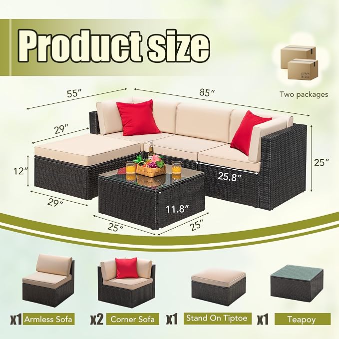 Greesum 5 Piece Patio Conversation Set Wicker Rattan Furniture Outdoor Sofa with Cushions,Pillows & Glass Table for Porch,Lawn and Yard,Beige