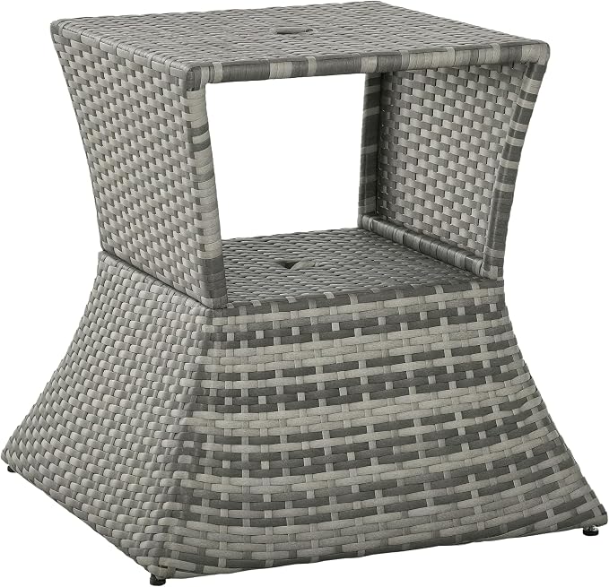 Outsunny Outdoor Side Table with Umbrella Hole, 2 Tier Rattan Wicker End Table with Storage Shelf, All Weather for Patio, Garden, Backyard, Mixed Gray