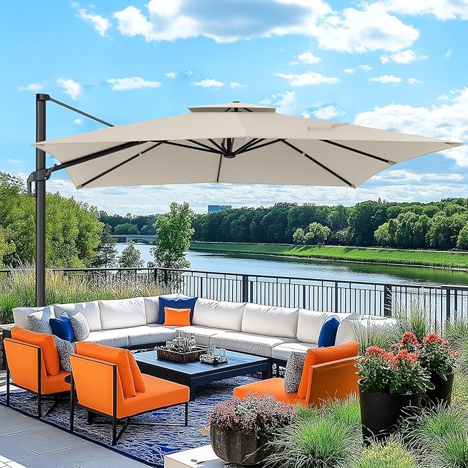 Hoteel 10ft Patio Umbrella Heavy Duty Aluminum Windproof & Shade Provision Outdoor Cantilever Double Top Offset Large Umbrella Height Adjustable with 360°Rotation for Patio Pool Deck Gazebo, Beige
