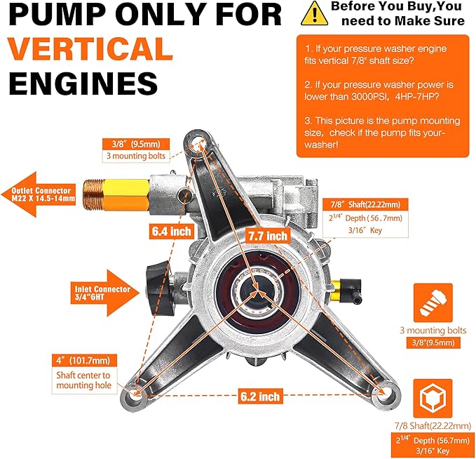 3000 PSI Vertical Pressure Washer Pump Replacement, 7/8" Shaft | 2700-3000 PSI Cleaning Power • Fits 7/8" Vertical Shaft Engines • Rear Inlet & Outlet • Ideal for Driveways,Patios & Vehicles