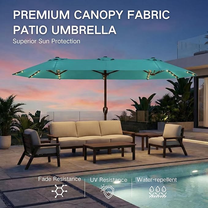 Kingdura 15ft Large Patio Umbrella with Solar Lights, Double-Sided Rectangle Outdoor Table Umbrella with Base Included, 12 Reinforced Ribs, 48 Led Lights, Crank Lift for Market Pool Deck, Tiffany blue