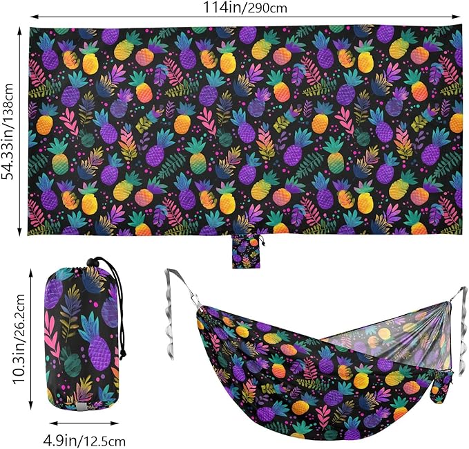Camping Hammock Outdoor Hammocks for Outside Colorful Pineapple Neon Beach Trees Portable Lightweight with Pockets Tree Straps Indoor