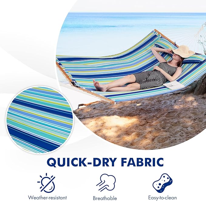 Goplus 10.5 FT Hammock, Quilted 2 Person Hammock w/Detachable Pillow, 330LBS Capacity, Curved Hardwood Spreader Bar,Quick Dry Fabric, Portable Paddled Hammock Swing for Patio Yard Porch Indoor Outdoor
