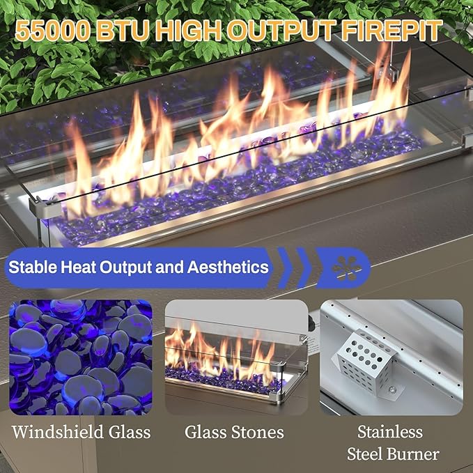 Aluminum Patio Furniture Set with 55,000 BTU Propane Fire Pit Table,5 Seats Metal Modern Outdoor Furniture w/5.1" Cushions,Patio Sectional for Backyard,Patio,Sand