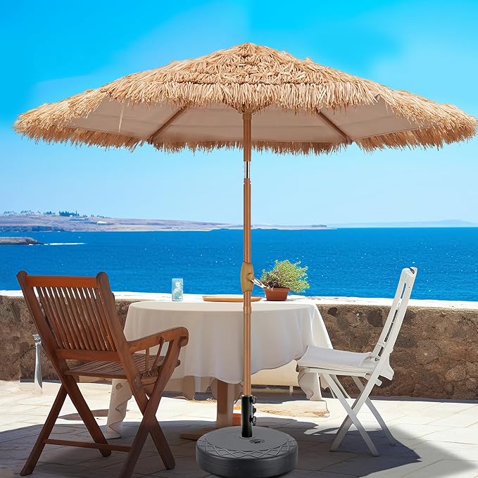 GDY 7.5ft Tiki Patio Umbrella and Base, Outdoor Table Umbrella with Crank, Market Umbrellas for Garden, Beach, Deck, Backyard & Pool