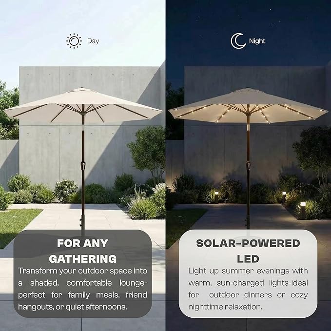 11FT Solar Lighted Patio Umbrella, Outdoor Table Market Umbrellas with Crank Lift, 32 LED Lights, 8 Sturdy Ribs, UV-Resistant for Deck, Garden, Pool
