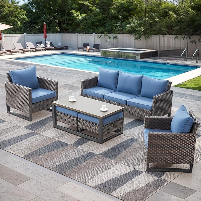 Rilyson Wicker Outdoor Patio Furniture Set - 6 Piece Patio Conversation Set with 2 Armrest Chairs,2 Rattan Ottoman,1 Couch and 1 Metal Side Table for Outside Porch Deck Backyard(Brown/Blue)