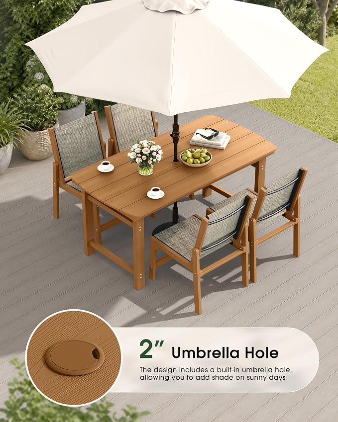 HDPE Outdoor Patio Dining Set with Table & 4 Stackable Armless Textilene Chairs, All-Weather 5-Piece Dining Table Set with Umbrella Hole, Patio Furniture for Garden, Poolside, Backyard, Deck | Teak