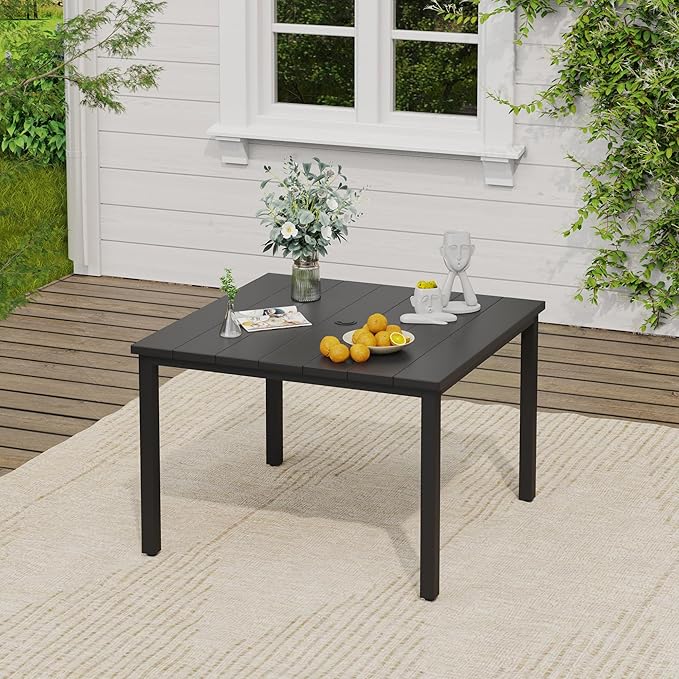 VICLLAX 5 Pieces Patio Dining Set, Patio Furniture Set of 4 Patio Stackable Dining Chairs and Outdoor Metal Square Table with Umbrella Hole for Backyard Lawn Garden, Blue Chairs and Black Table