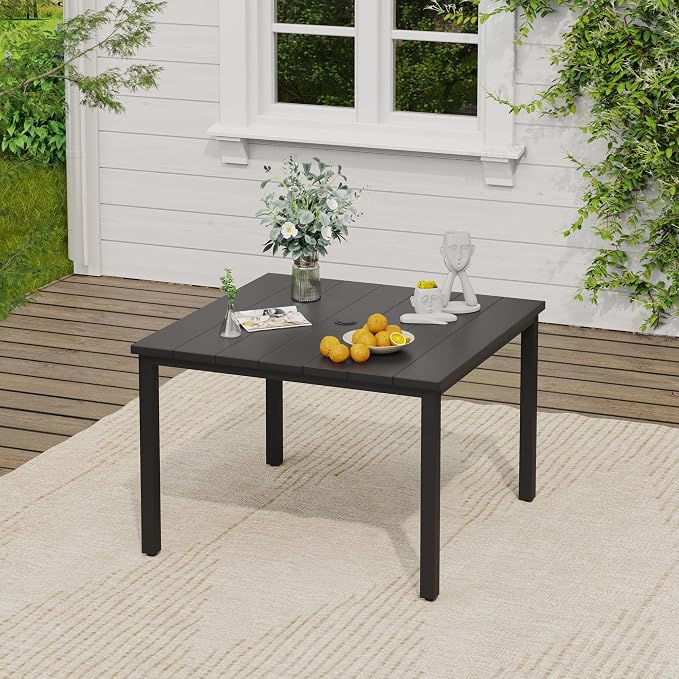 VICLLAX Square Outdoor Patio Dining Set, Metal Slatted Patio Table with Umbrella Hole and 4 Stackable Patio Chairs for Deck Lawn Garden, Black Fabric and Black Tabletop