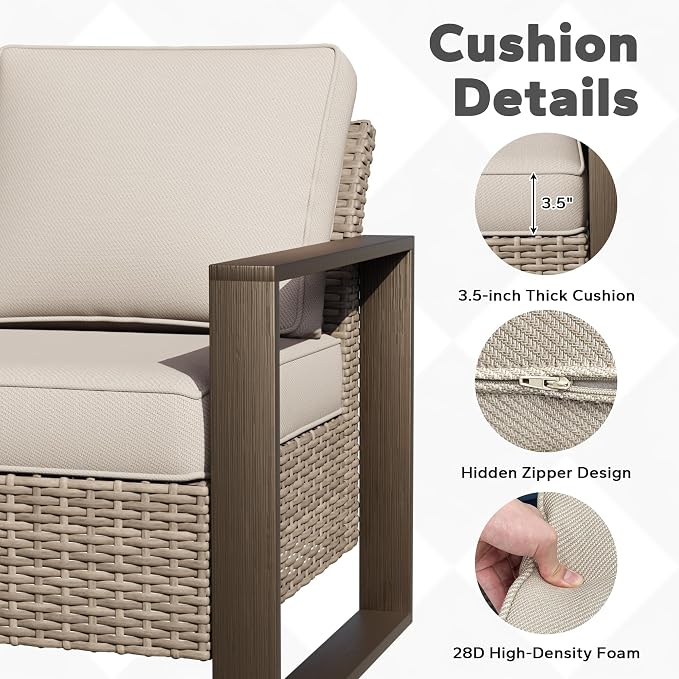 Joyside Outdoor Patio Chairs, 4 Pieces Wicker Rattan Furniture Set, 2 Patio Chairs, 2 Ottoman and 1 Table, Metal Wide Armrest, Thick Cushions and Deep Seating for Garden, Backyard, Porch, Deck