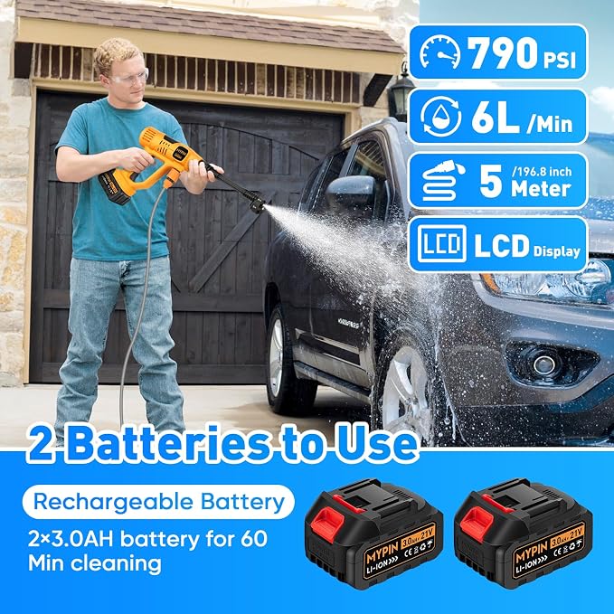 Upgraded LCD Display Portable Cordless Washer, 21V 2x3.0AH Rechargeable Batteries, 6-in-1 Nozzle for Car Floor Wall Fence Cleaning,10 Adjustable Pressure Modes
