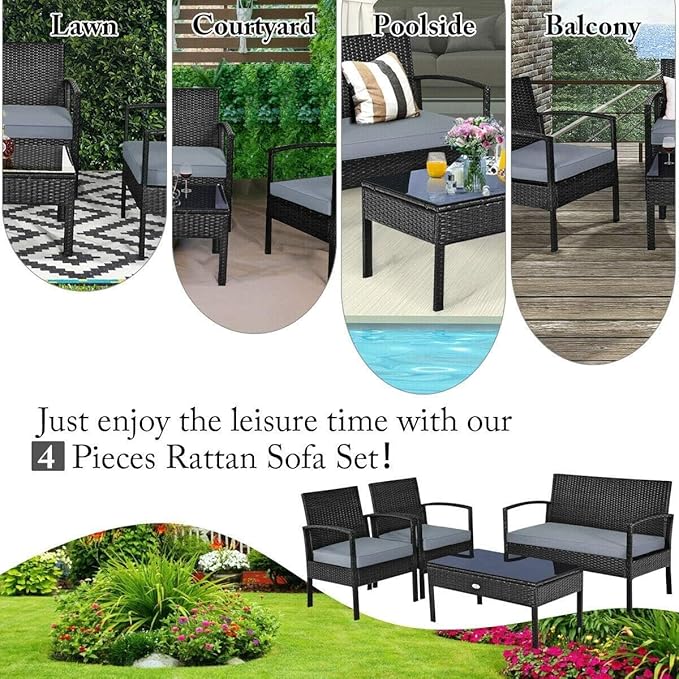 HAPPYGRILL 8 Pieces Patio Conversation Set Outdoor Rattan Wicker Sofa & Coffee Table Furniture Set for Patio Garden Poolside