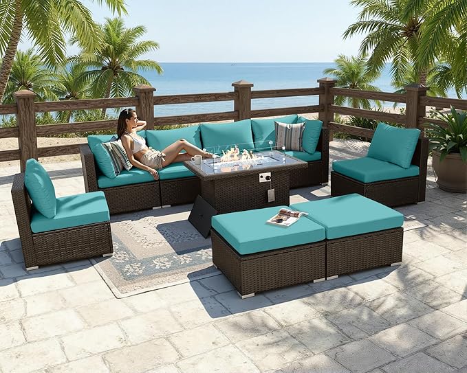 BULEXYARD 9 Piece Highback Patio Furniture Set with Fire Pit Table, Modern Modular Outdoor Sectional Couch Sofa with Ottoman, 8-Person Backyard Seating for Outside, Deck, Brown Wicker & Teal Cushion