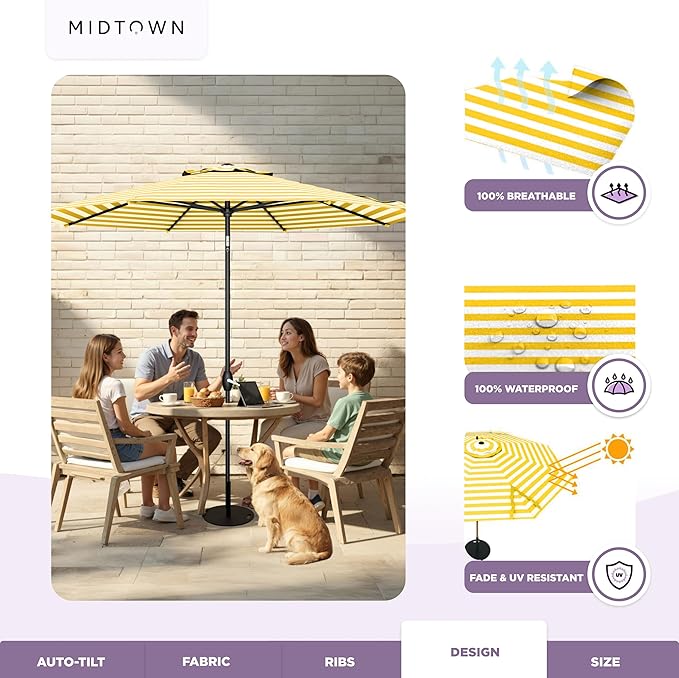 Midtown Umbrellas 10-Year-No-Fade - 8 Ft - UV Proof White/Yellow Stripes Fabric - Umbrella Outdoor Patio, Auto-Tilt Aluminum Frame Patio Umbrella for Garden, Pool & Deck - Black Pole