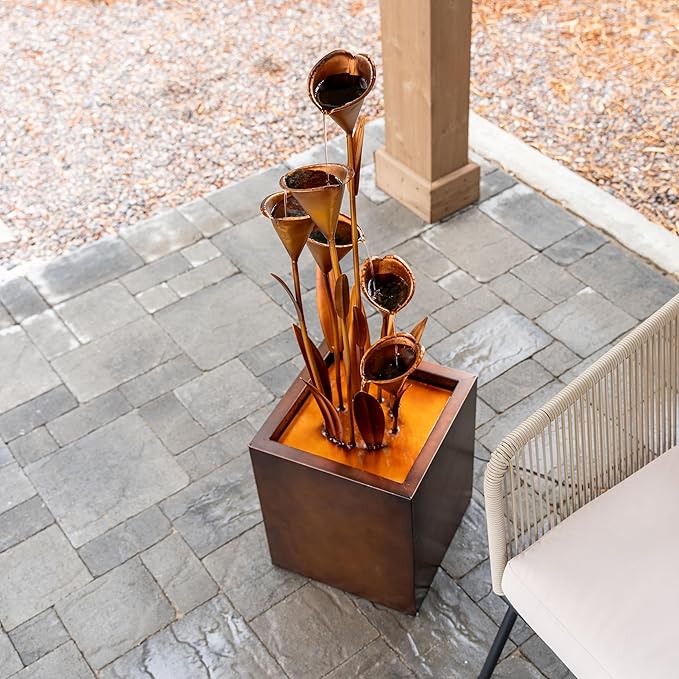 XBrand 46" Tall Bronze Metal Sculptural Flower Multi-Tier Freestanding Water Fountain Without LED Lights