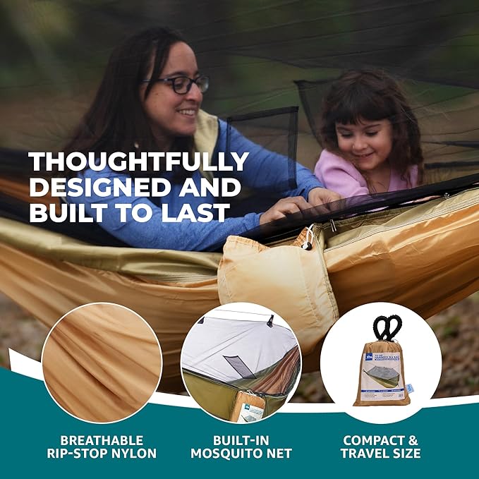 Bliss Hammocks Hammock in a Bag with Mosquito Net and Adjustable Tree Straps, Nylon Hammock for Camping and Outdoor Use, 350 Lb Capacity, Forest Green