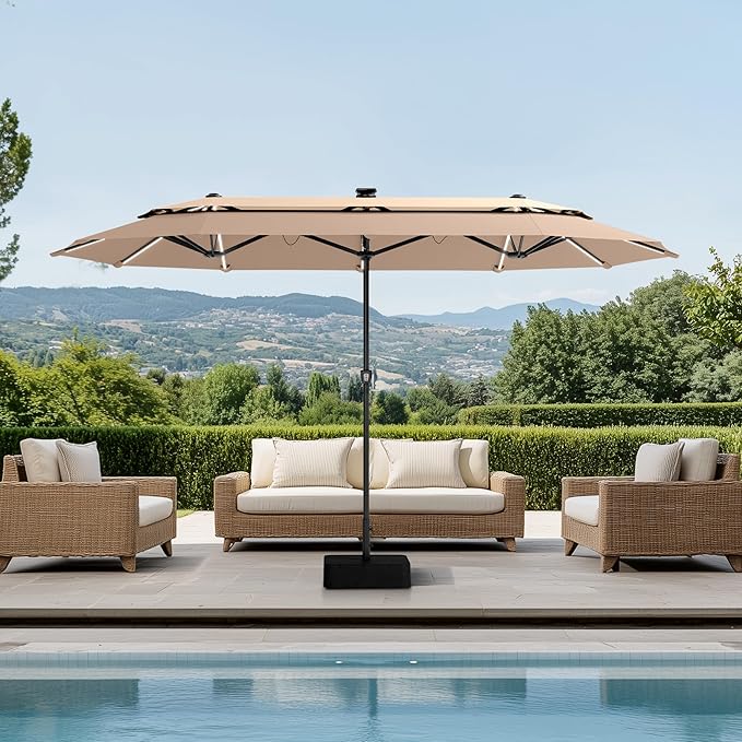 PHI VILLA 13ft Patio Umbrella with 120 PCS Solar-Powered LED Color-Changing Lights, 2-Tier Double-Sided Large Rectanglular Umbrella with Base Included, Beige&Tan