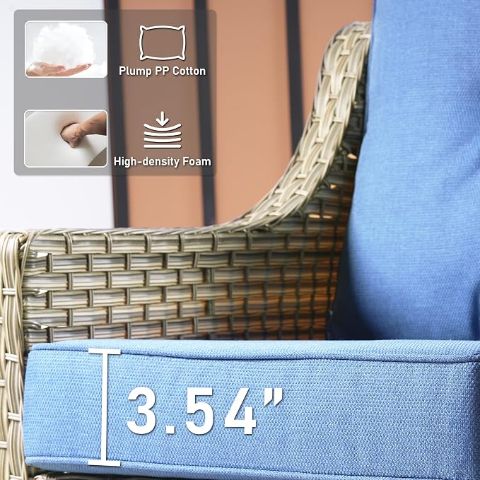 HOOOWOOO 5 Piece Patio Furniture Conversation Sets with Swivel Rocking Chairs,Outdoor Wicker Furniture with LED Tablet,All Weather Resistant High Back Rattan Conversational Set(Diamond Blue)