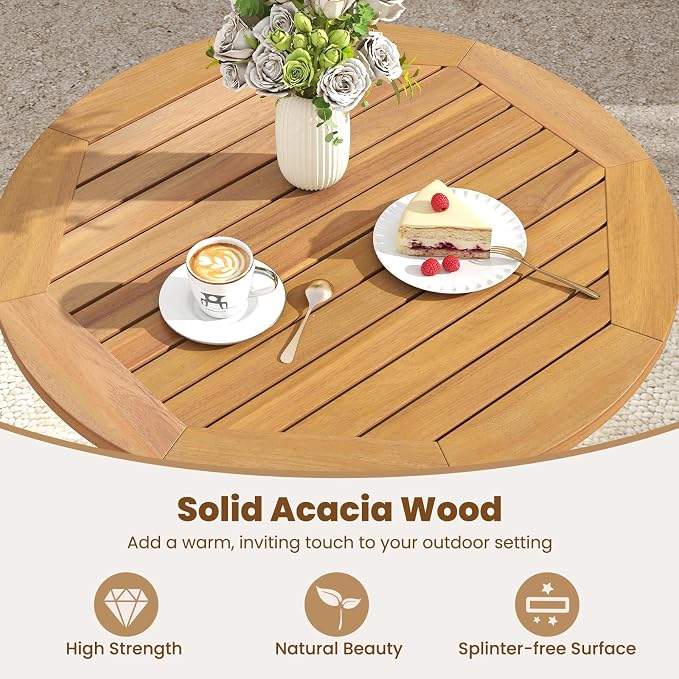 HAPPYGRILL Folding Acacia Wood Patio Table, Round Outdoor Bistro Table 26”, Outside Wooden Coffee Side Table for Porch Balcony Garden and Backyard (1)