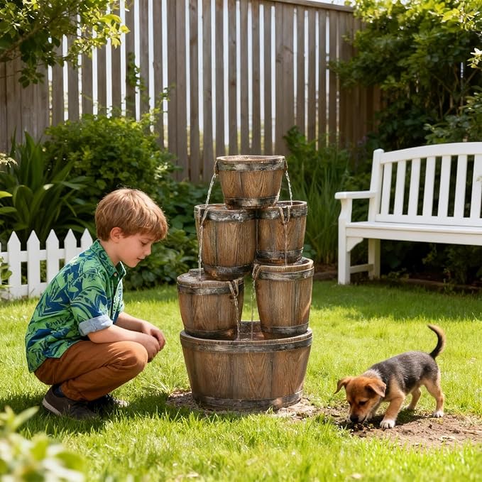 Bumilgar 24.8" Outdoor Water Fountain with LED Lights, Water Feature Outdoor 4-Tier Cascading Waterfall, Rustic Wood Barrel Garden Fountain for Patio Backyard Porch