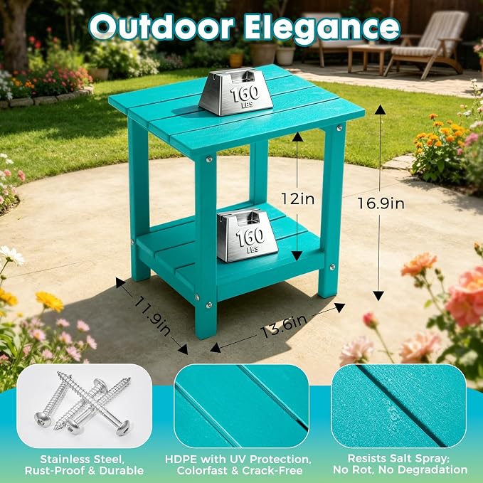 Outdoor 2-Tier Square Side Table, Adirondack Weather Resistant Patio End Table, Low Maintenance HDPE Accent Table for Backyard, Pool, Porch, Deck, Turquoise