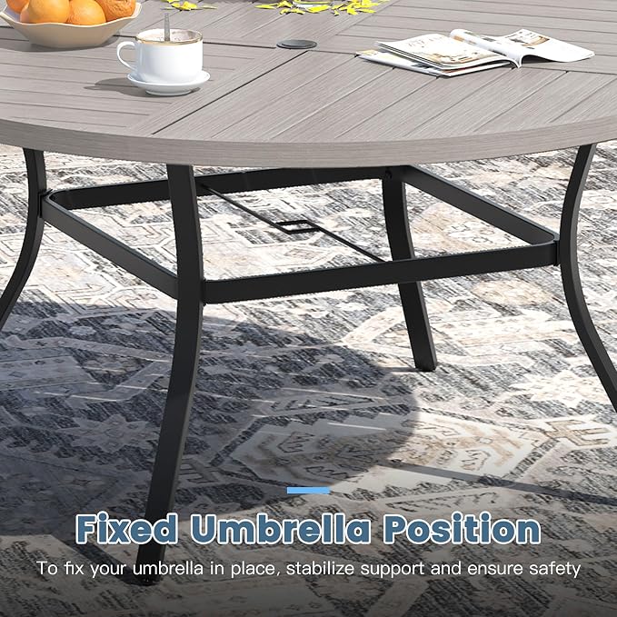 DIFY 9 Piece Outdoor Dining Set, Metal Patio Table and Chairs Set, 59.8" Grey Wood-Like Round Dining Table & 8 Grey Padded Textilene Swivel Patio Chairs, Outdoor Furniture Set for Garden Backyard