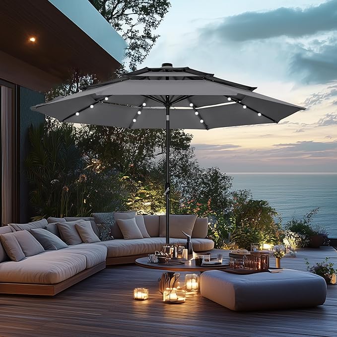 PHI VILLA 10ft Patio Umbrella with Light, Outdoor Large Auto-Tilt 3 Tier Market Table Umbrellas with 8 Sturdy Ribs and 1.5" Pole for Lawn Poolside Garden Terrace,Grey