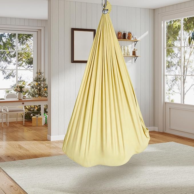 GarveeLife Dual-Layer Cotton Sensory Hammock Swing for Kids & Adults, Calming Compression Therapy, 360° Swivel, Adjustable Height, Indoor & Outdoor Use, 300 lbs Capacity, Light Yellow
