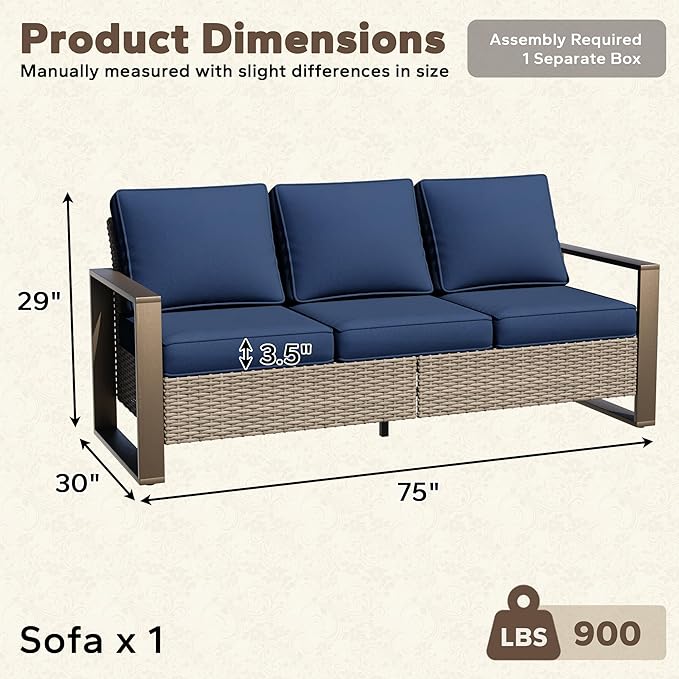 75" Patio Metal Wicker Sofa, All Weather Outdoor Rattan 3-Seat Sofa Couch with Premium Cushions & Rectangular Framed Wood-Looking Metal Armrest for Garden Backyard Porch Deck, Dark Blue