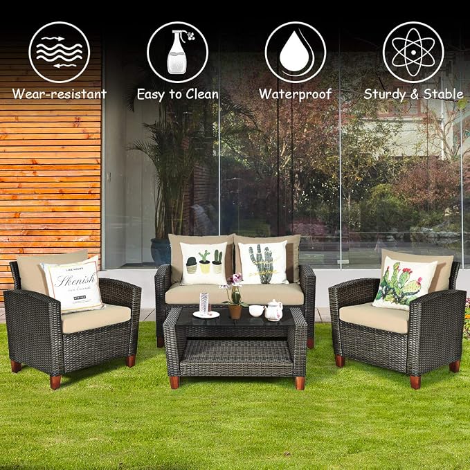 Tangkula 4 Piece Patio Rattan Furniture Set, Outdoor Wicker Conversation Set with Seat & Back Cushion,and Tempered Glass Coffee Table with Shelf, for Porch, Poolside, Backyard, Garden