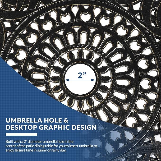 35.4 Inch Outdoor Dining Table Round Patio Table Bronze Cast Aluminum Rustic Large Table with Umbrella Hole