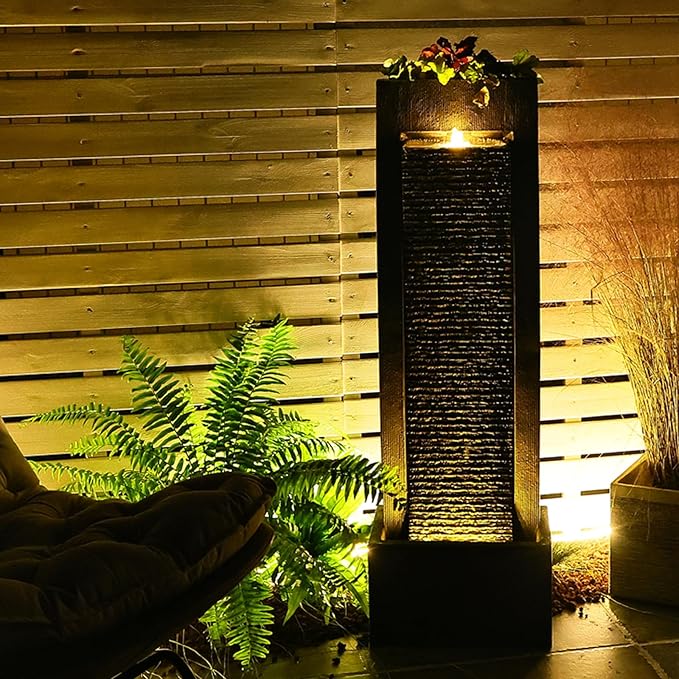 Sunlinua Garden Water Fountain - Outdoor Freestanding Fountains Modern Curves Indoor Waterfall Floor Standing Water Fountains for Garden, Patio, 49.2 Inches Tall with LED Lights, Pump, Natural Stones