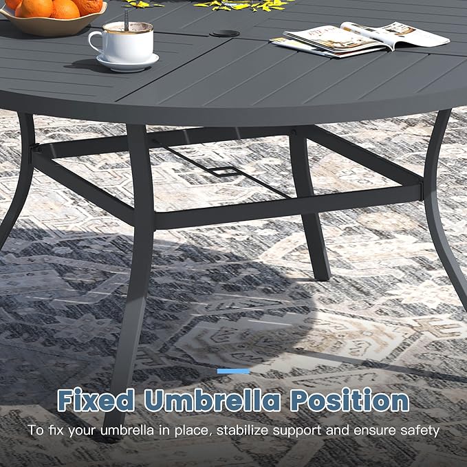 DIFY 9 Pieces Outdoor Dining Set, Metal Patio Table and Chairs Set for 8 with Umbrella Hole, 53.1" Round Dining Table and Textilene Stackable Patio Chairs for Garden Backyard Poolside, Grey
