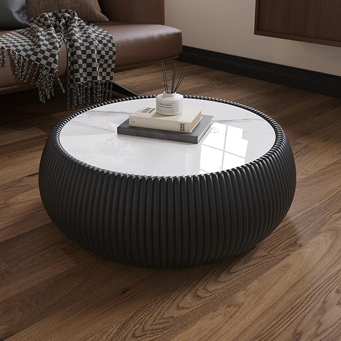27.55" Round Coffee Table with Marble Top PU Leather Coffee Table Fluted Drum Center Tables Circle Cocktail Tea Table for Living Room Apartment No Assembly Black