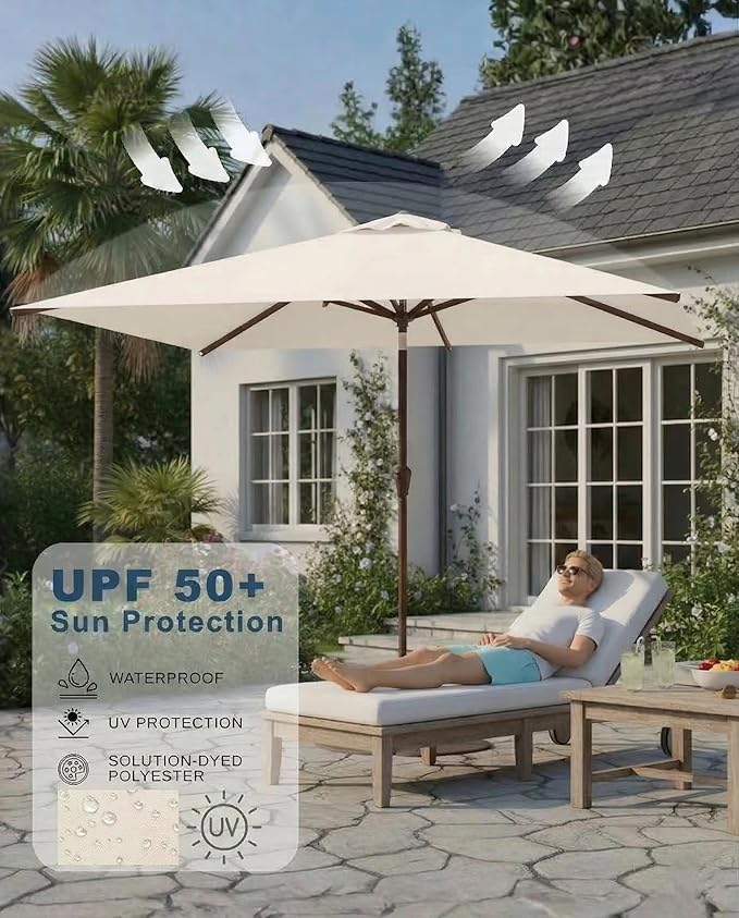 6.5x10FT Patio Umbrella, Outdoor Umbrella with Push Button Tilt and Crank, 8 Sturdy Ribs, UV Protection & Waterproof Market Umbrella for Pool, Backyard, Beach,Deck (Creamy-white)