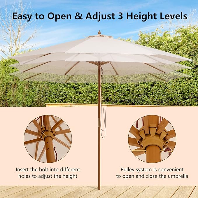 HAPPYGRILL 10 FT Wooden Patio Umbrella with Rope Pulley Lift, 8 Bamboo Ribs, 3 Adjustable Heights, Vented Roof, Outdoor Table Umbrella for Garden Poolside Backyard