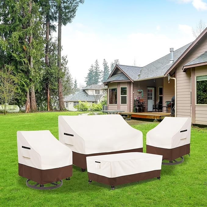 Patio Furniture Covers Set,4-Piece 600D Heavy Duty Waterproof Outdoor Furniture Cover for Patio Swivel Rocker Chairs,Loveseat and Coffee Table,Beige & Brown