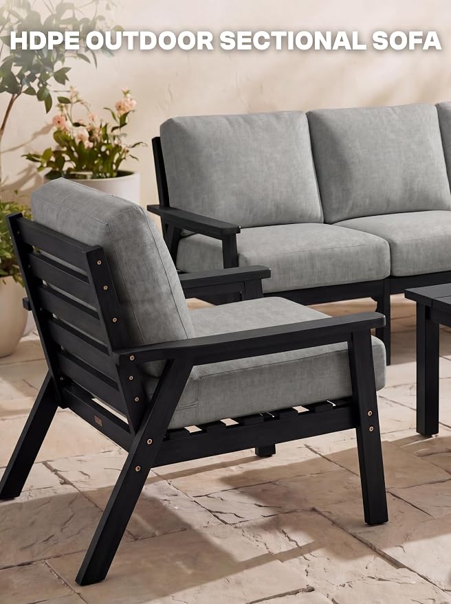 AreShark 3-Piece HDPE Patio Conversation Set, All Weather Outdoor Couch Set with Thick Cushions, Outdoor Sectional Outdoor Sofa Set for Lawn, Deck, Backyard, Black & Grey