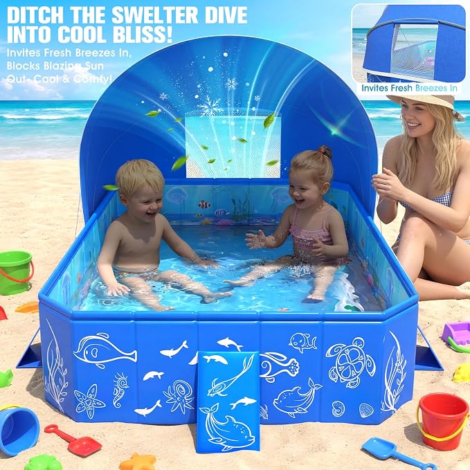 FizZeal Kiddie Pool with Canopy,Baby Swimming Pool for Toddler,Non-Inflatable Portable Pool for Kid,Foldable Toddler Pool with Shade,Kids Pool for Backyard.Outdoor Pop Up Kiddie Beach Pool 53"x40"x33'