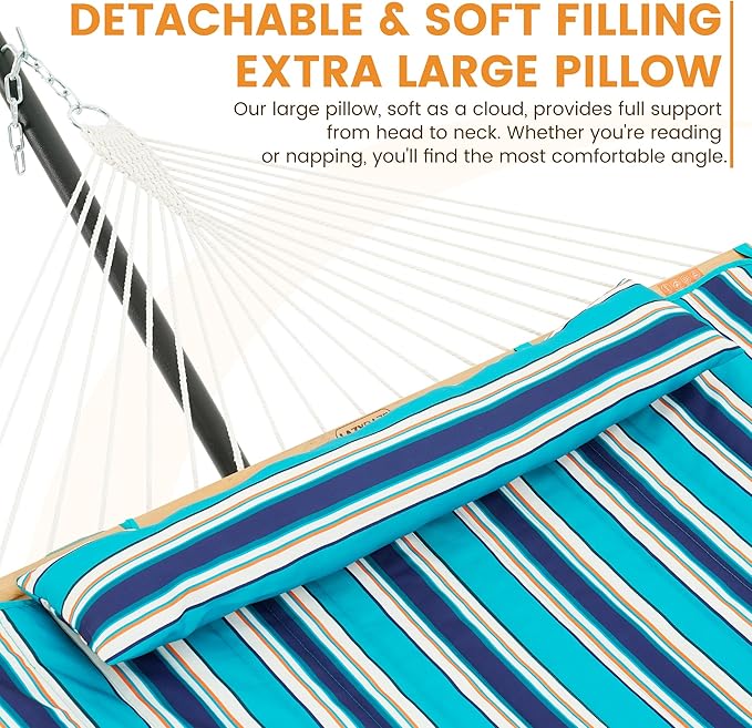Lazy Daze Hammocks Rope Hammock with Pad, Spreader Bar, Carabiners, Tree Straps, Chains for Outside Patio- Max 450 Lbs, Turquoise Blue Stripes