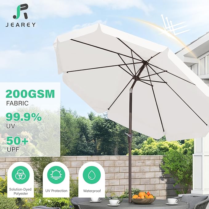 JEAREY 9 FT Patio Umbrella Outdoor, Table Umbrellas Market Umbrella w/Push Button Tilt/Crank, 8 Sturdy Ribs(Cream White)