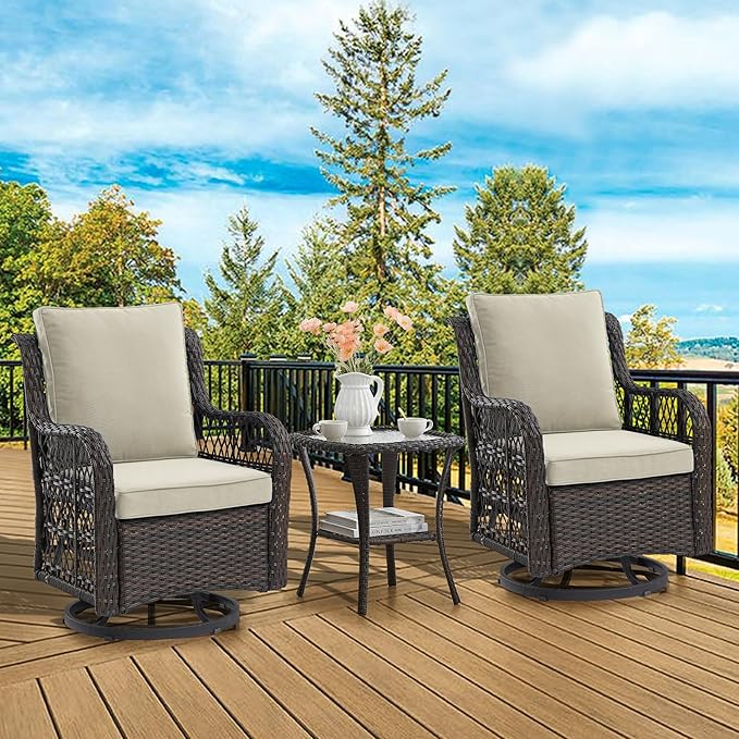 GarveeHome 3 Piece Outdoor Patio Set, Wicker Rocking Bistro Set with 2 Swivel Chairs & Tempered Glass Top Table, Rattan Outdoor Furniture with Cushions for Patio Porch Backyard