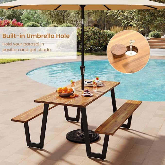 Giantex 71" Picnic Table Bench Set for 6-8, Acacia Wood Outdoor Dining Table Set, 2" Umbrella Hole, Heavy Duty Metal Frame, Footrest Bar, Large Rectangular Tabletop for Porch Patio Lawn Garden
