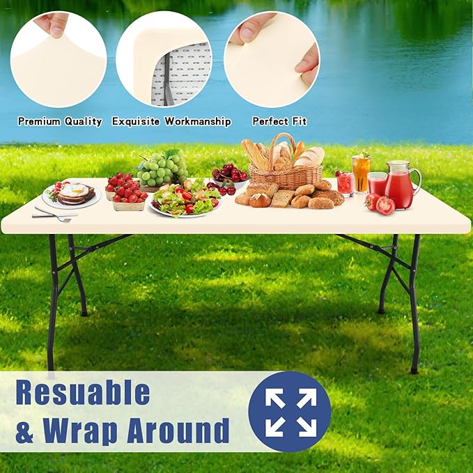 Moosfor Spandex 6 Foot Rectangle Table Cloth 2 Pack, Elastic Fitted Tablecloths for Picnic, Stretch Washable Patio Table Cover for Outdoor, Camping, Banquet and Parties (Champagne, 36"x72")