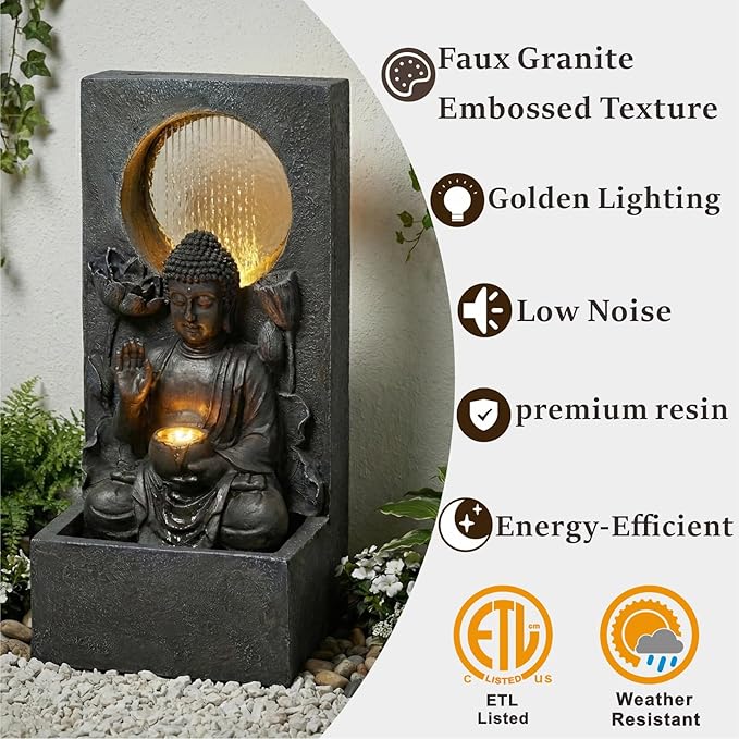 Zen Fengshui 28" Outdoor Buddha Water Fountain with LED Lights – Freestanding Resin Waterfall Statue, Asian Fengshui Decor for Garden, Patio, Backyard & Home, Relaxing Gift