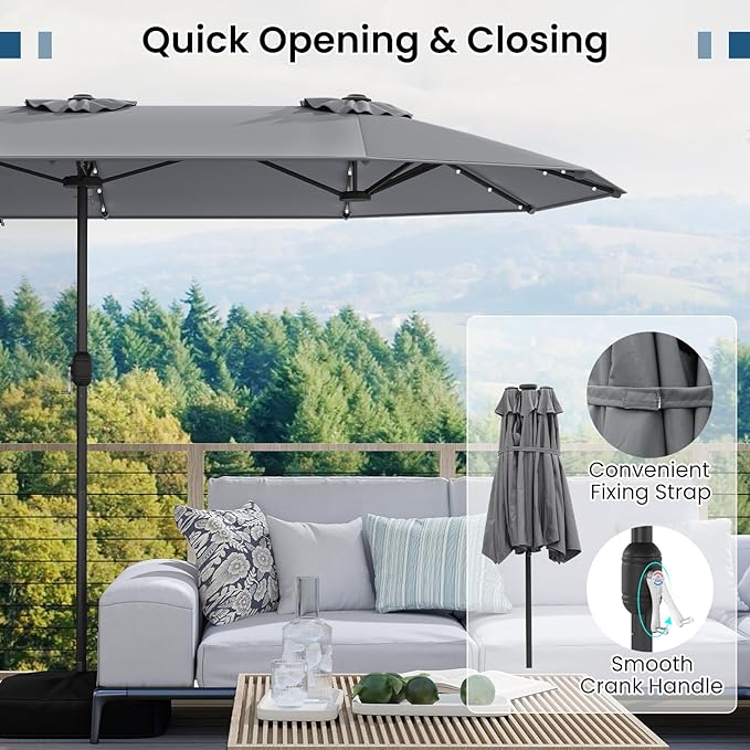 Tangkula 13FT Double-Sided Solar Patio Umbrella, Extra-Large Outdoor Twin Umbrella with 36 LED Lights, Vented Top, Crank Handle, 12 Ribs, Weighted Base Included for Backyard Poolside Deck (Gray)