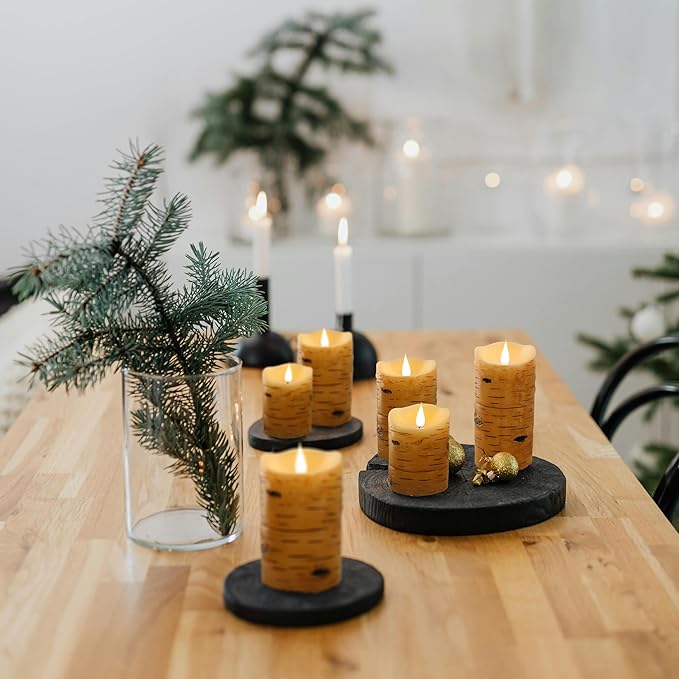 NICEME LED Birch Bark Flameless Candles Set of 3 Real Wax Battery Operated Candles Flickering Teardrop Wick Electric Decorative Pillar Bark Candles with Remote Timer, D3 x H4 5" 6"
